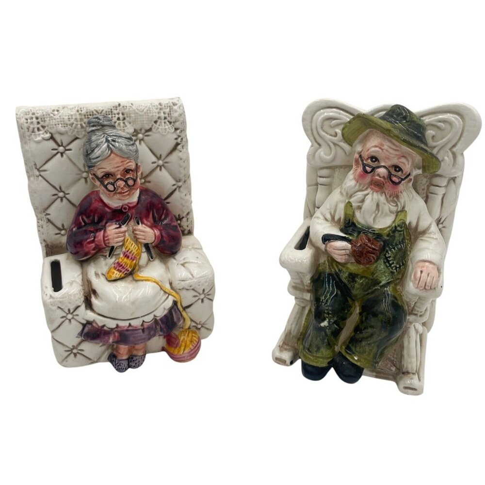 Vintage Grandma & Grandpa Ceramic Planters Hand-Painted Knitting & Pipe Design R